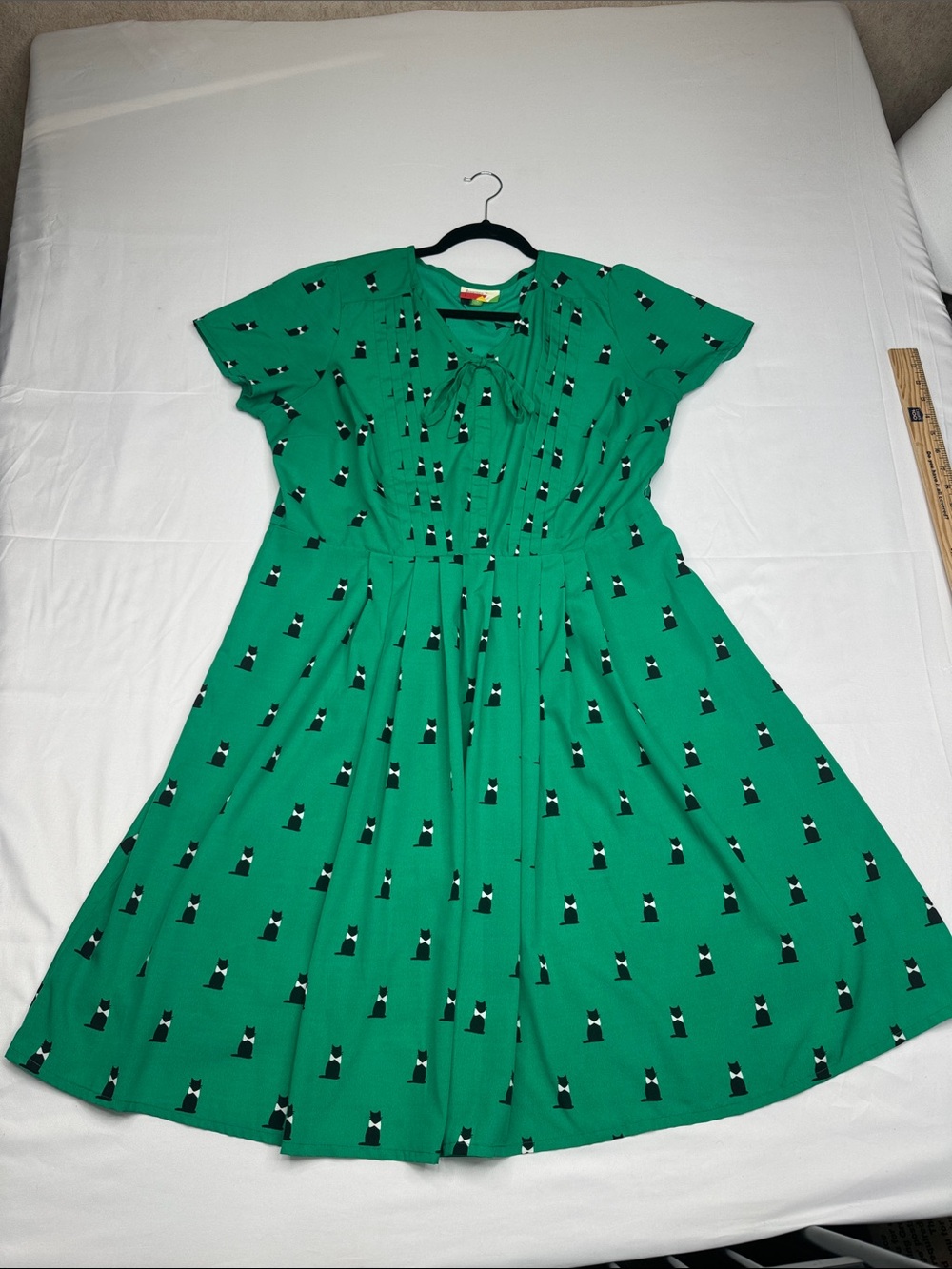 ModCloth Fervour Green Black Cats with Bow Ties Retro Dress 1X bowtie kitty cat - Picture 2 of 9